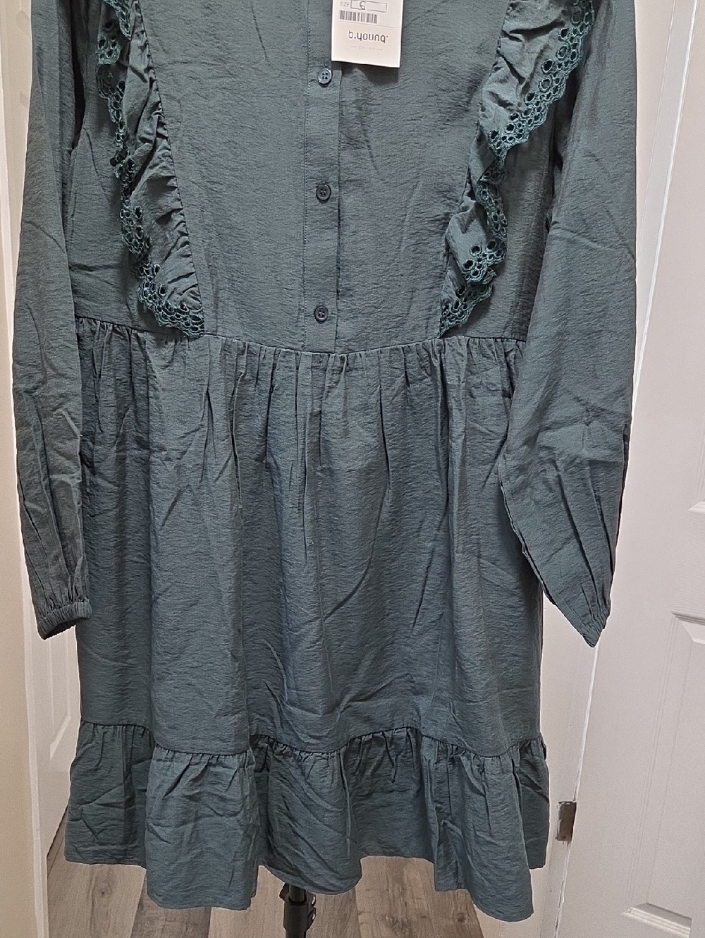 NWT b.young Dark Green Ruffle Button Front Dress | Victorian Boho Prairie - Picture 5 of 12